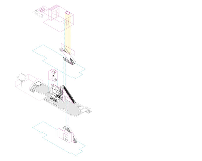 Axonometric diagram of interior spaces and circulation